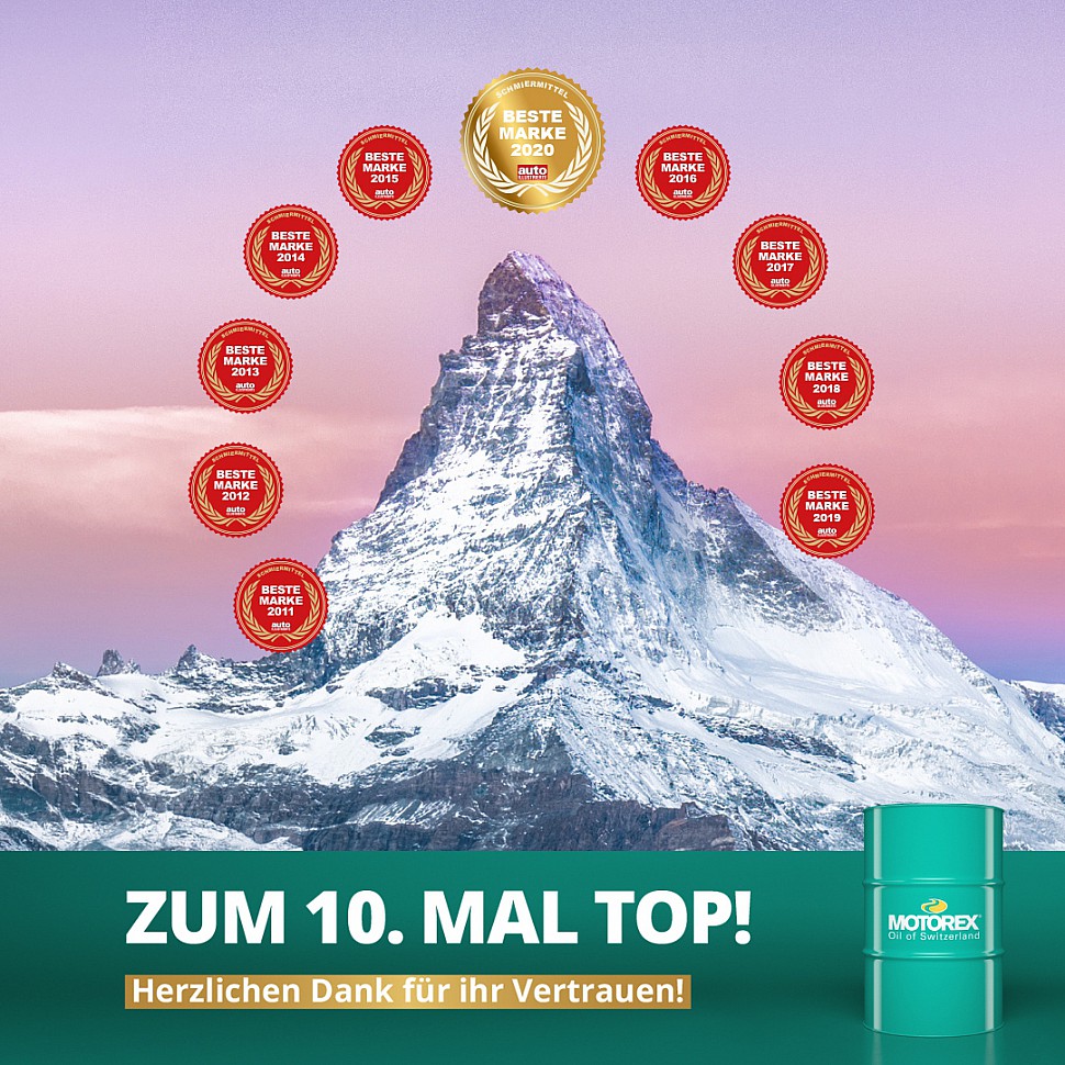 10-й раз подряд MOTOREX отмечает получение награды "Лучший бренд в категории смазочных материалов", присуждаемой читателями ведущего швейцарского автомобильного журнала Auto-Illustrierte.